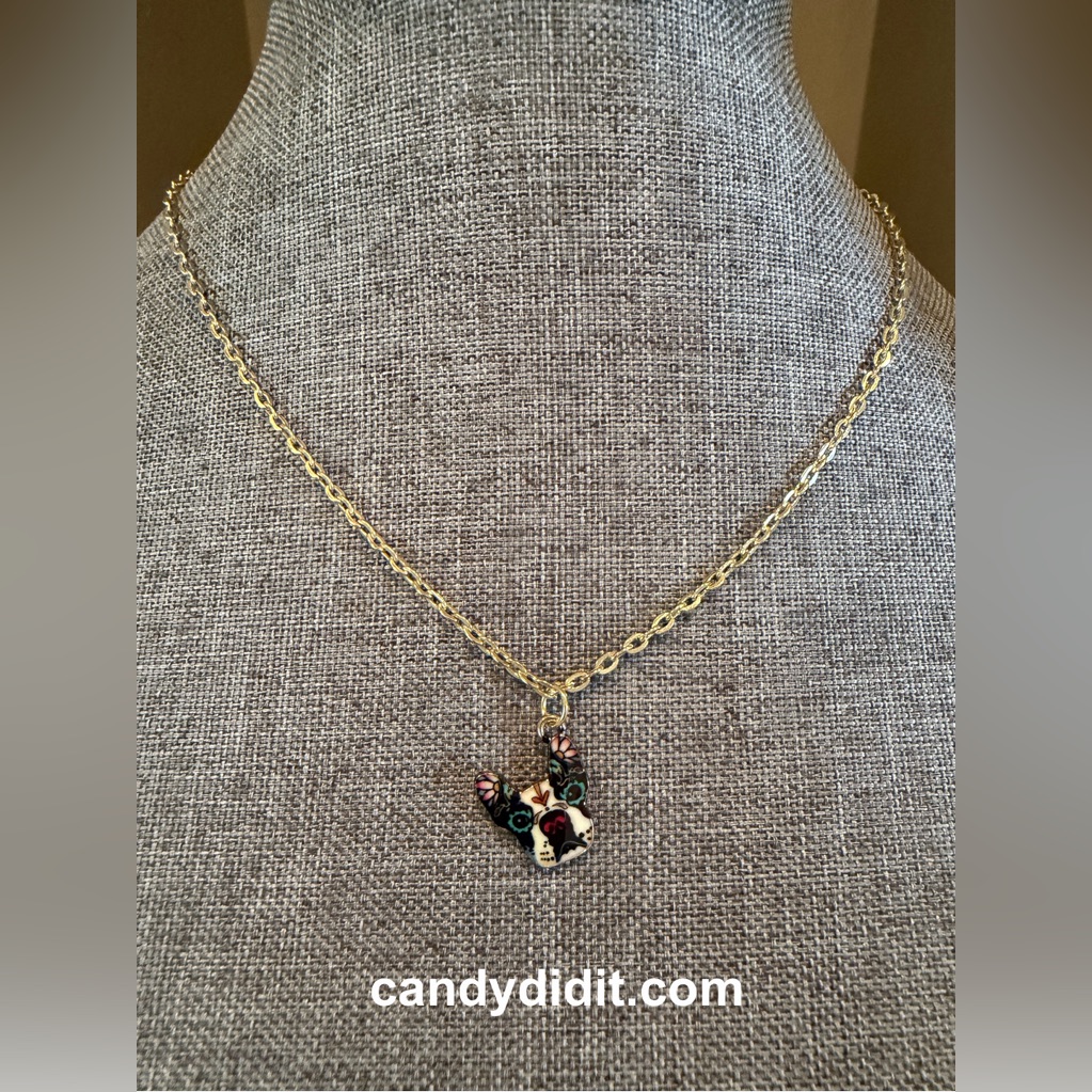 Dainty Gold-Tone Mosaic French Bull Dog Pendant Necklace By Candy Did It!